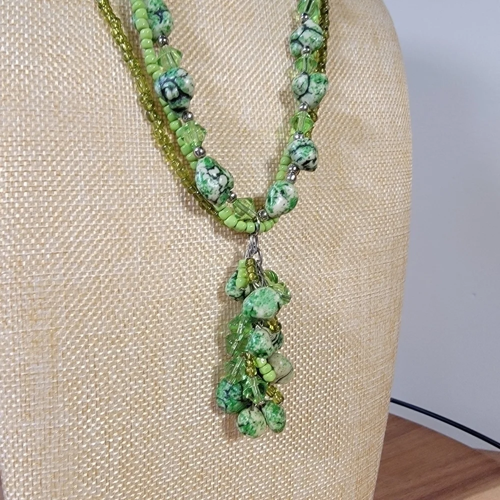 Triple strand Green Stone and Bead Statement Necklace With Tassel